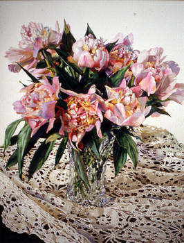 Peony in Cut Glass on Lace
