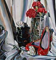 Red and Black Still Life on w/ Five Carnations