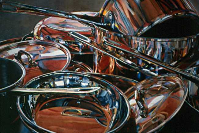 Copper Pots with Artist Reflected