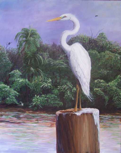Egret on pole hunting