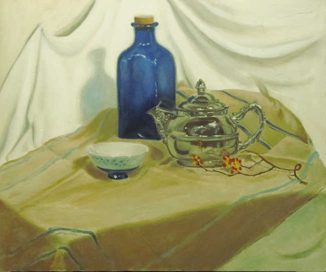 Silver Teapot with Blue Bottle