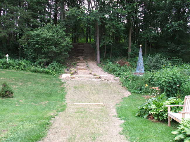 29-Step Waupun Limestone Stairway Up into Spruces