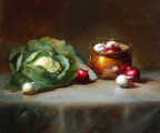 Cabbage, Brass Pot and Onions
