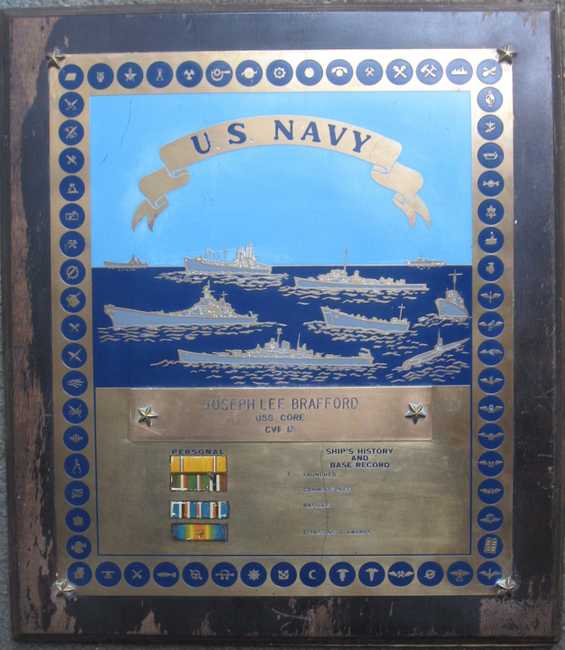 US Navy Service Plaque WWII period Joe Brafford, USS Core 