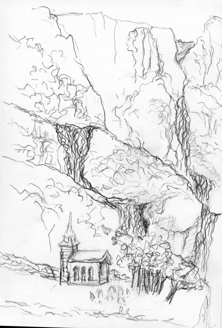 Waterfall with church