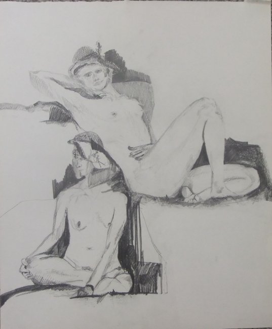 Two Female Nudes in Hats Lifedrawing