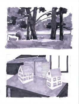 Two Value Studies. River and Trees and House Models