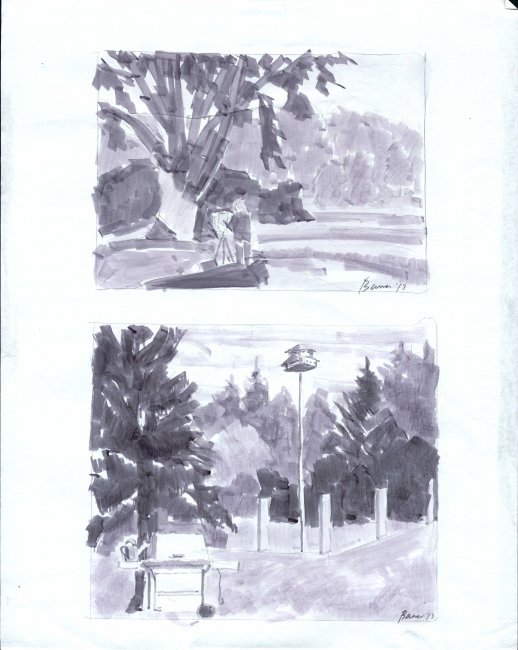 Two Value Studies, Plein Air Painter at Work, and B.B.Q. Set and Birdhouse