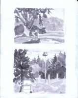 Two Value Studies, Plein Air Painter at Work, and B.B.Q. Set and Birdhouse