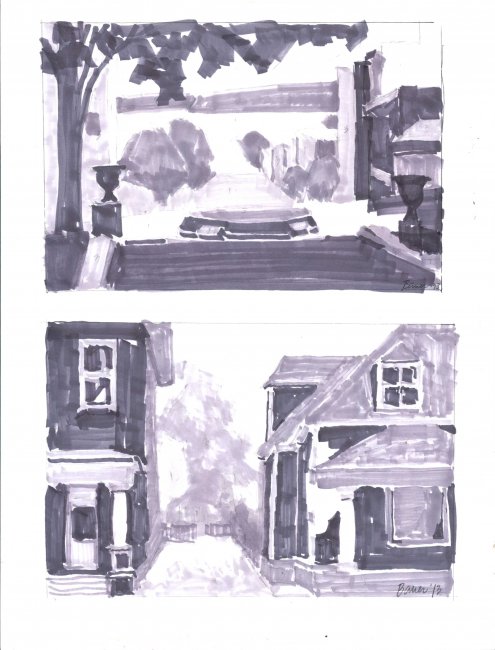 Tw Value Studies. House and Additions and Boat in Front Yard
