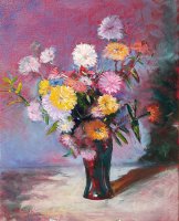 Zinnias in Ruby Glass Vase