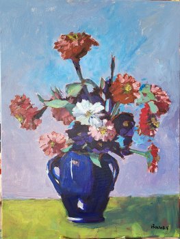 Red Zinnias in a Blue Ceramic Vase