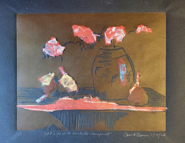 Still Life with Orchids - monoprint