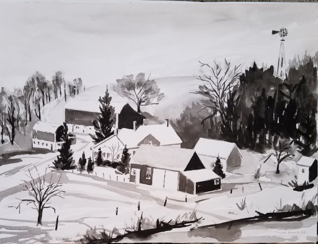 Farm in Snow from Hill