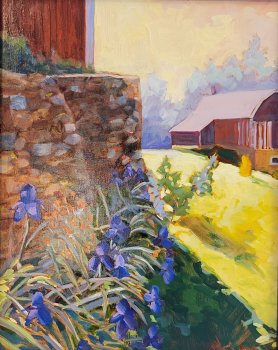 Iris and Stone Wall at 8:00 AM, Blanchardville, WI