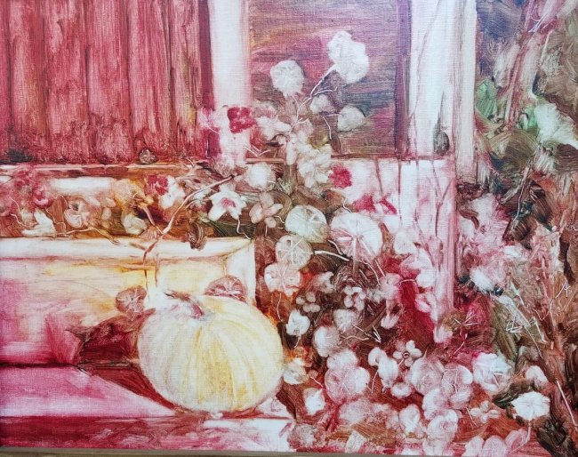 Pumpkin and Nastrums on Front Steps - Grisaille