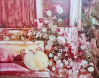 Pumpkin and Nastrums on Front Steps - Grisaille