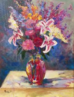 Ruby Glass Vase with Garden Flowers