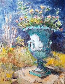 Copper Urn and Moss Roses