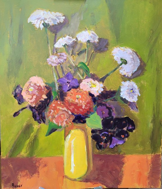 Zinnias in a Yellow Vase