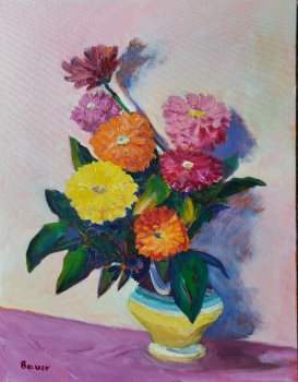 Zinnias in a Folk Vase