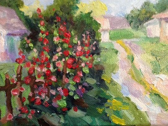 Hollyhocks Along the Fence